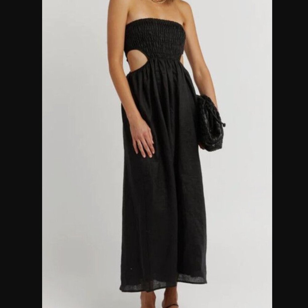 DISSH Midi Dress Nell Black 100% Linen Brown Orange Cut Outs Shirred Strapless 8